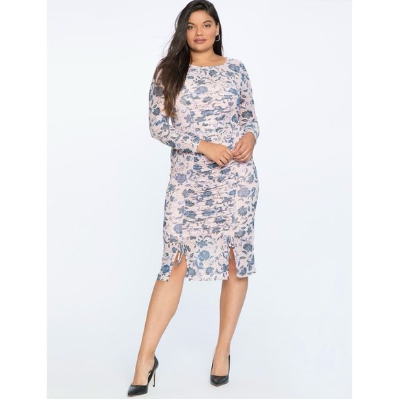 Eloquii Ruched Bodycon Floral Print Long Sleeve Stretch Midi Slit Dress Blush Pi - Picture 1 of 9